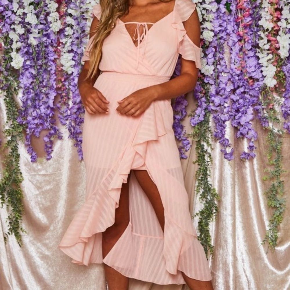 Ruffled Cold Shoulder Striped Faux Wrap Midi Dress